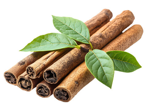 Cinnamon Sticks with Fresh Green Leaves Isolated on Transparent Background