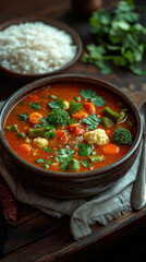  vegetable curry featuring cauliflower, broccoli, okra, carrots, and aubergines. AI generative.
