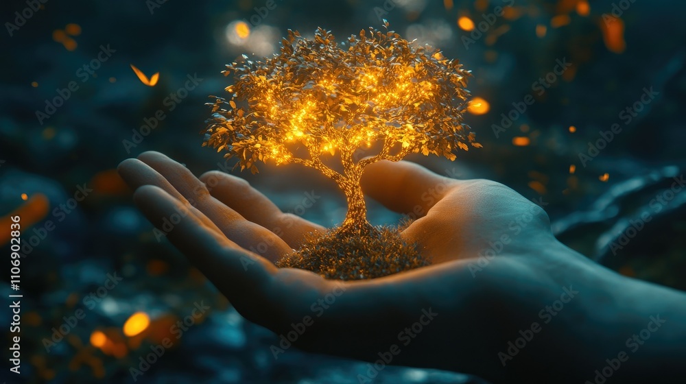 Poster concept image of a hand cradling a glowing tree, representing growth, nature conservation, and susta