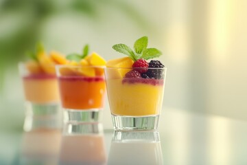 Colorful fruit smoothies glass cups vibrant colors orange peach mango red berry yellow