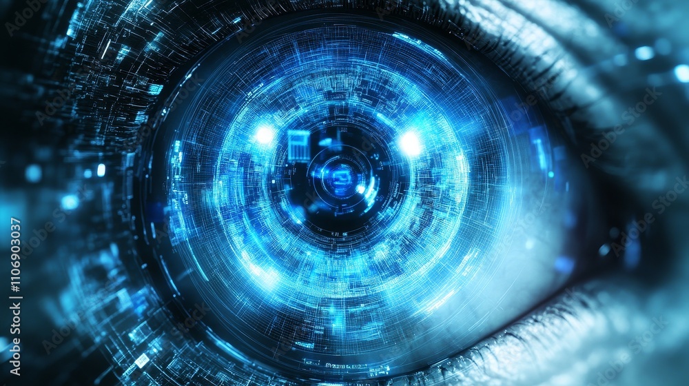 Poster a digital eye with glowing blue light and binary code