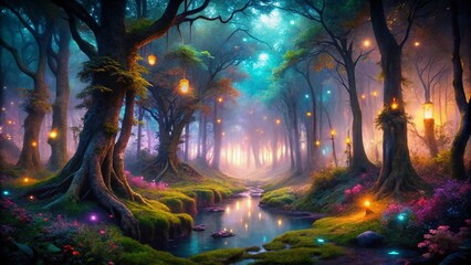 Obraz premium Enchanted Night: A Dark Fairytale Fantasy Forest with Magical Glows and Neon Lights in a Dreamlike Landscape