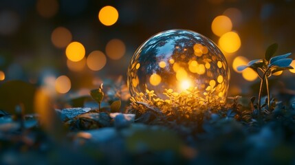 A Crystal Ball Reflecting Warm Lights in a Dark Forest