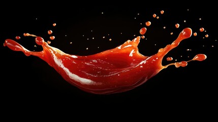 Dynamic ketchup sauce splash frozen in mid-air, isolated on a black background, showcasing its rich red color and fluid motion for food art