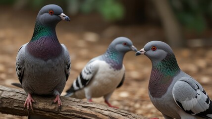 Three pigeons perched on a log, interacting.