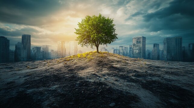 Post-apocalyptic cityscape: a desolate urban environment reclaimed by nature after human civilization's collapse