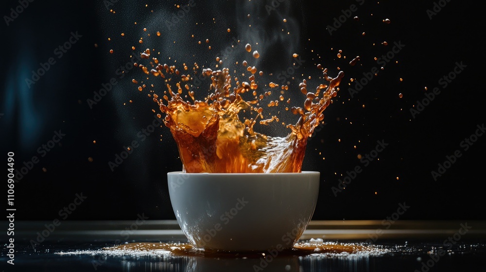 Poster high-speed capture of coffee splashing from a white cup against a dark background, emphasizing fluid