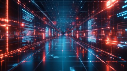 Abstract Digital Corridor with Red and Blue Neon Lights and Data Visualizations