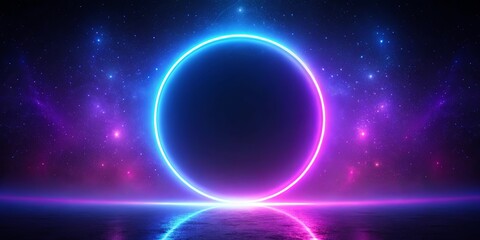 Fototapeta premium A luminous neon ring hovers above a tranquil, reflective surface, bathed in the ethereal glow of a vibrant cosmic backdrop.