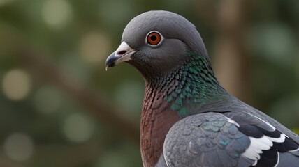 Obraz premium Close-up of a common pigeon, showcasing its iridescent feathers and intense gaze against a blurred green background.
