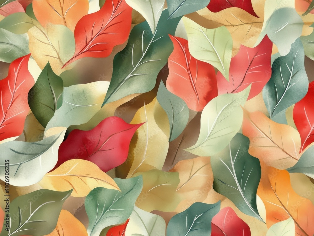 Poster boho and minimalist styles in a christmas seamless pattern. colorful leaves in a textured pattern.