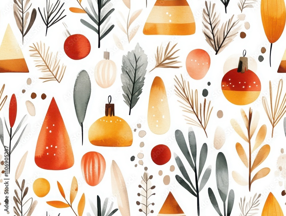 Poster boho and minimalist styles in a christmas seamless pattern. colorful autumn-themed pattern with leav