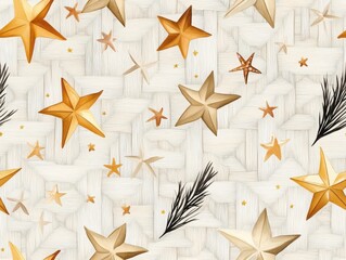Obraz premium Boho and minimalist styles in a Christmas seamless pattern. Festive pattern with golden stars and pine branches on a light background.
