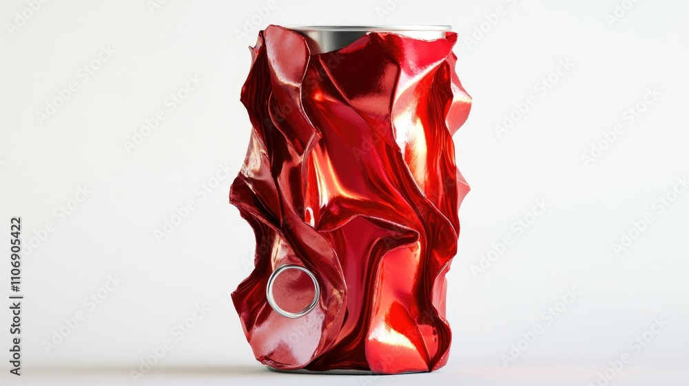 Poster isolated red crumpled aluminum can with ring pull on a white background, creating a stunning contras