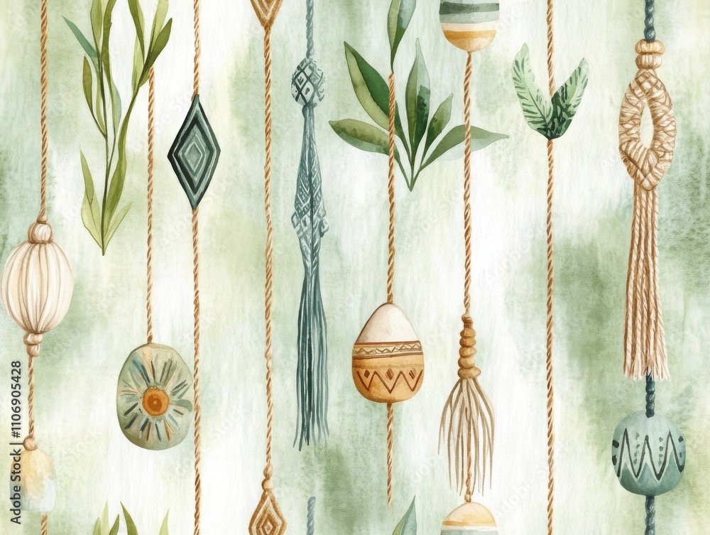 Poster boho and minimalist styles in a christmas seamless pattern. decorative hanging items with botanical 
