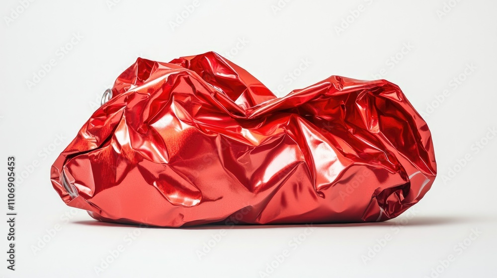 Poster isolated red crumpled aluminum can with ring pull on a white background, creating a stunning contras