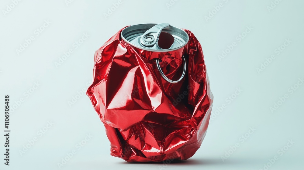 Poster isolated red crumpled aluminum can with ring pull on a white background, creating a stunning contras