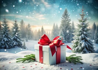 Obraz premium Enchanting Double Exposure of a White Gift Box with Red Ribbon Nestled in a Winter Wonderland of Snowflakes and Pine Trees, Perfect for Holiday Promotions and Festive Greetings