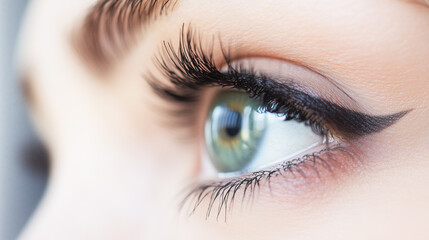 Obraz premium Close-up of woman's eye with dramatic eyeliner, vibrant green iris, and long eyelashes