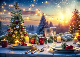 Enchanting Double Exposure Photography of a Festive Christmas Table Setting Blended with Winter Wonderland Elements for a Magical Holiday Atmosphere