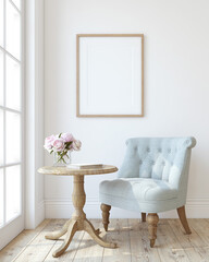 Modern living-room interior. Poster mockup. 3d render.