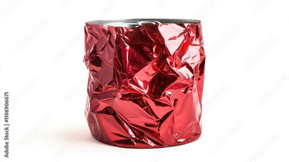 Poster red crumpled aluminum can with ring pull, isolated on a white background, captured in low light for 