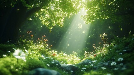 Fototapeta premium A serene forest scene with sunlight filtering through trees, illuminating flowers and greenery.