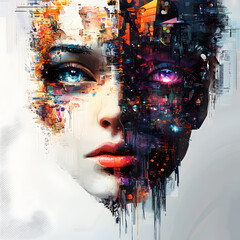 Digital art transformation abstract portrait virtual gallery visual art futuristic space close-up identity exploration