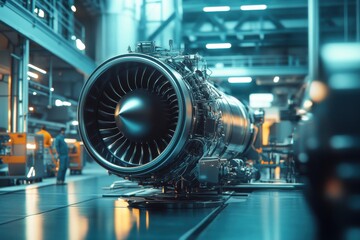 Obraz premium Industrial aircraft engine highly detailed mechanical parts turbine blade