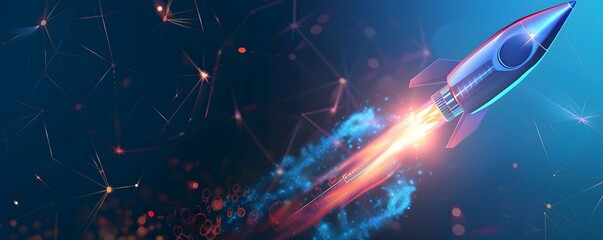 Futuristic Rocket Launches Through Digital Network Space