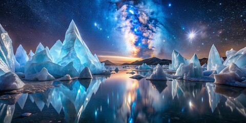 Enchanting Frozen Crystal Oasis: A Mystical Landscape of Ice Formations and Glimmering Water Under a Starry Night Sky