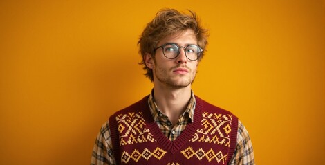 Young Man in Vintage Sweater Against Vibrant Yellow Background