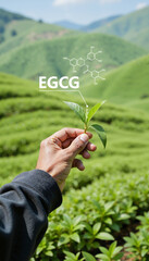 The hand of the farmer holds up the top tea leaf, which contains EGCG.