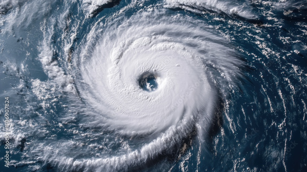 Poster space-based image of a swirling hurricane, capturing the impact of climate change on global weather 