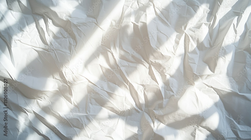 Poster soft, crumpled white paper sheet with interesting shadow play, isolated on a plain background to emp