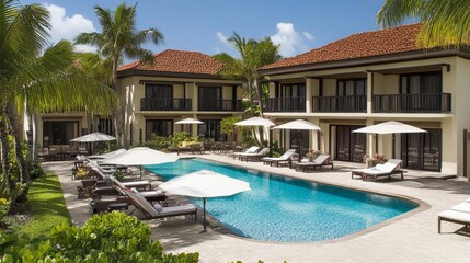 Fototapeta premium Tropical Resort with Swimming Pool and Lush Greenery