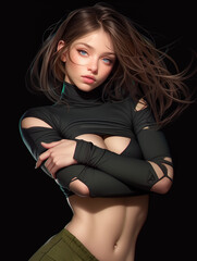 Digital art showcasing fashionable women in bold, edgy outfits with modern details, striking expressions, and soft lighting on dark backdrops.
