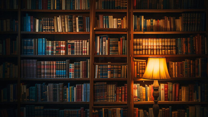 Cozy Bookshelf Display with Multilingual Books and Warm Reading Lamp Glow