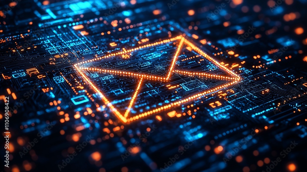 Poster a glowing, orange-hued email icon is embedded within a detailed, futuristic circuit board, symbolizi