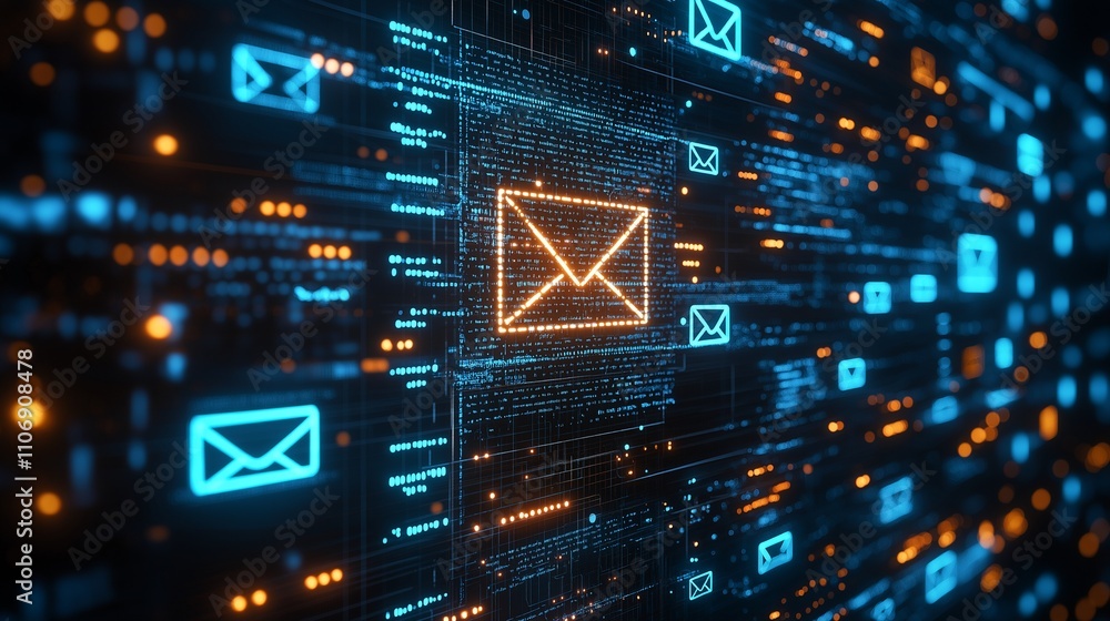 Poster digital mail stream: a mesmerizing digital illustration of countless emails flowing in a futuristic 