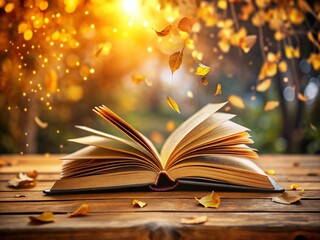 Enchanting Long Exposure Capture of an Open Book with Pages Flowing in a Gentle Breeze, Surrounded by a Dreamy Background of Soft Lights and Natural Elements