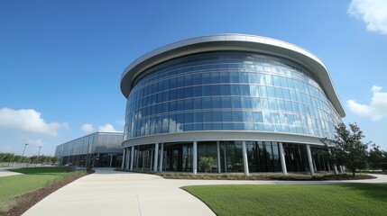 Fototapeta premium Modern glass and steel office building with a curved facade