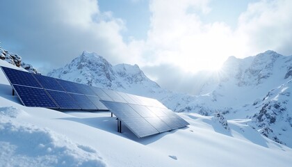 Solar panels in snowy mountains under soft cloudy light