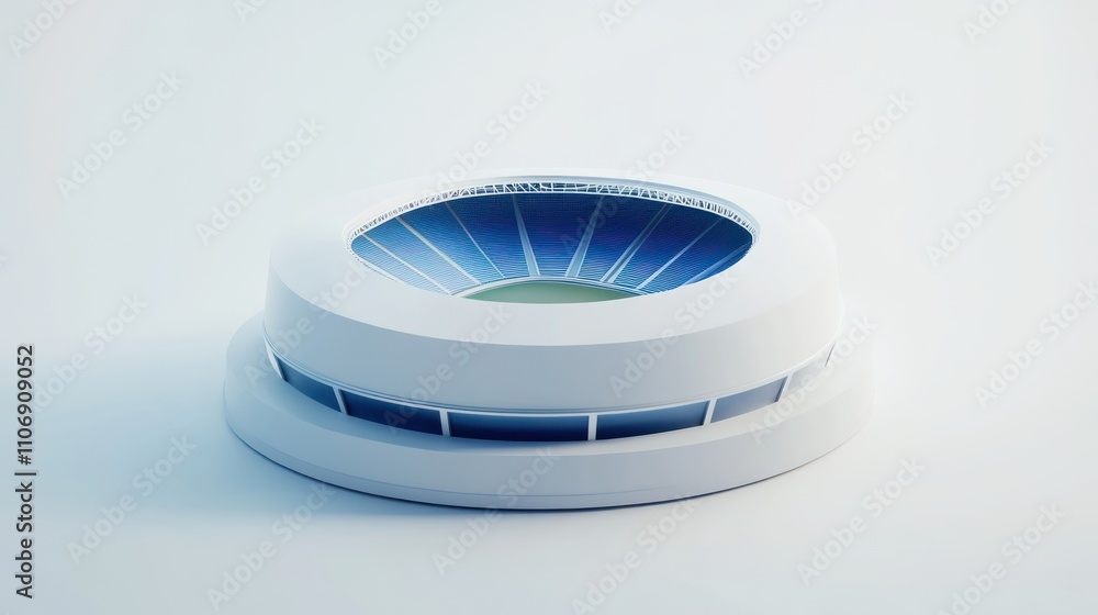Poster a modern stadium design featuring a circular structure with a blue field.