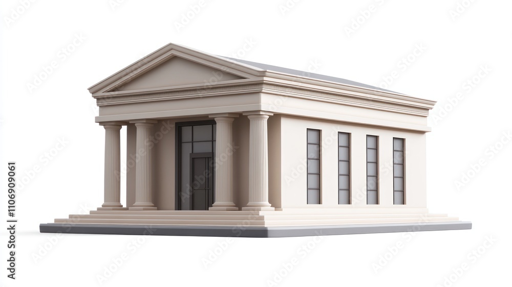 Poster a classical-style building with columns and large windows, resembling a museum or library.