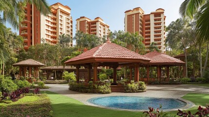 Fototapeta premium A Resort Courtyard with a Gazebo, Pool, and Palm Trees
