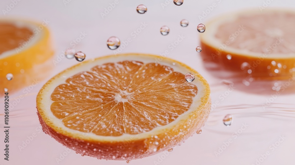 Poster slices of orange submerged in water with bubbles, creating a refreshing visual effect.