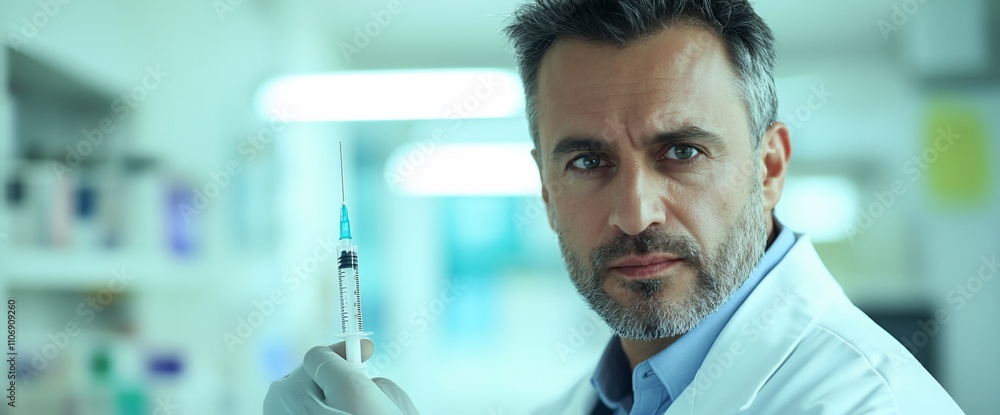 Poster a scientist holding a syringe in a laboratory setting.