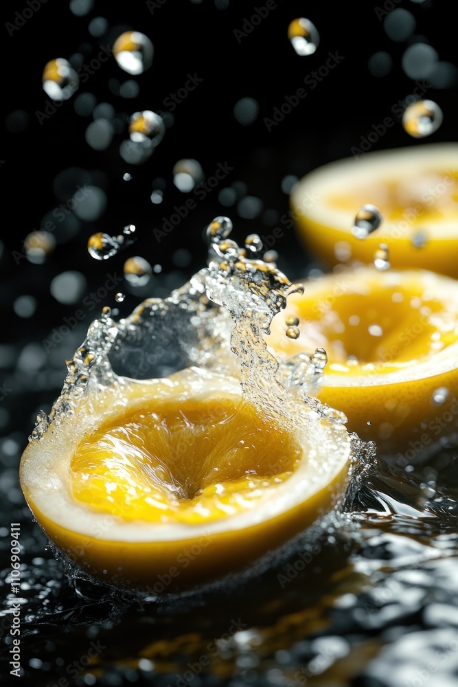 Poster slices of lemon splashing in water, creating a refreshing and vibrant visual effect.