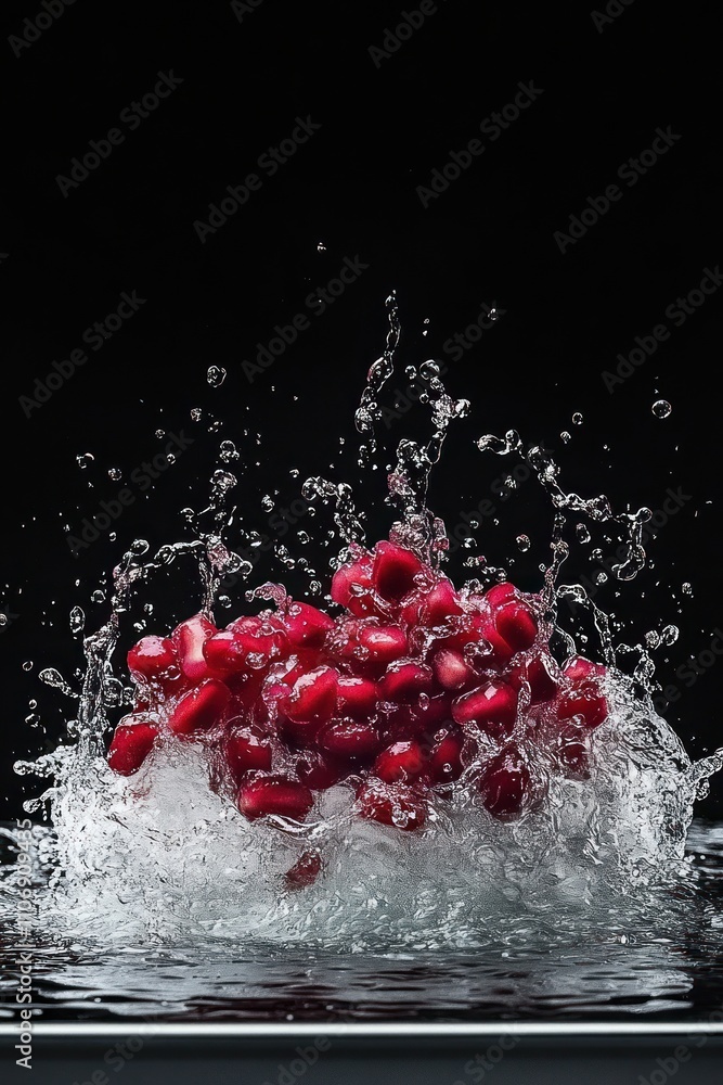 Poster a splash of red beans creating dynamic water droplets against a black background.